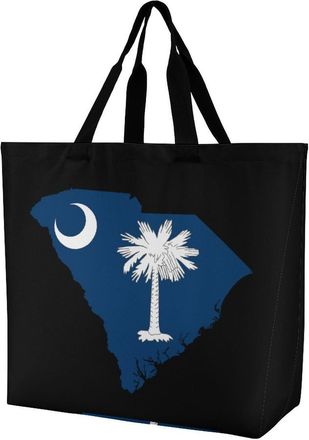 Generic South Carolina Flag Map Carolina Reusable Shopping Bags Large Capacity Grocery Bag Heavy Duty Tote for Women 40x40x16cm
