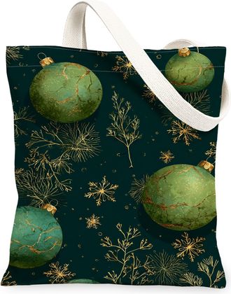 Generic Christmas Ornaments Canvas Tote Bags, Festive Pattern Reusable Grocery Bags, Vintage Lightweight Washable Shoulder Strap Fo, Green, 13x15 Inch