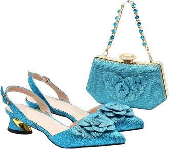 Generic Womens Elegant Rhinestone Decoration Heeled Shoes with Matching Bag for Party Office Sky Blue
