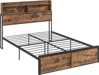 HOMCOM Industrial Double Bed Frame - 4.8FT Steel Bed Base with Storage Headboard - Footboard - Slatted Support and Under Bed Storage - 145 x 209cm - R