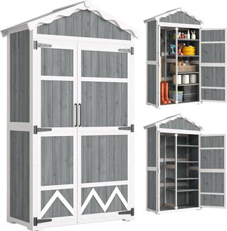 OUTSUNNY Caseta De Jard&iacute;n De Madera 105x55x179 Cm Impermeable Armario Exterior Herramientas Con 4 Estantes Extra&iacute;bles Techo Metal Galvanizado Gris