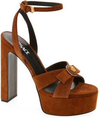Versace Gianni Ribbon Suede Platform Sandal in Spice Brown-Versace Gold at Nordstrom, Size 10.5Us