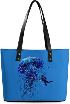 Generic Beautiful Jelly Fish with Scuba Diver Tote Bags for Women Cute Shoulder Purses Handbags