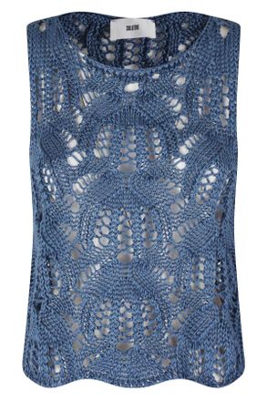SOLOTRE Cerulean Perforated Crochet Linen Tank Top