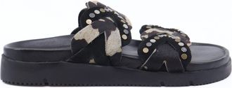 Free People Womens Leo Studded Leather Cow Print Banded Flat Slide Sandals In Multi