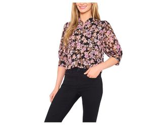 CeCe by Cynthia Steffe Ruched Sleeve Hidden Placket Blouse Womens Clothing Rich Black : LG, Polyester