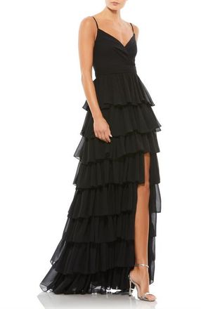 Mac Duggal Sleeveless V Neck Ruffle Skirt Evening Gown in Black at Nordstrom, Size 10