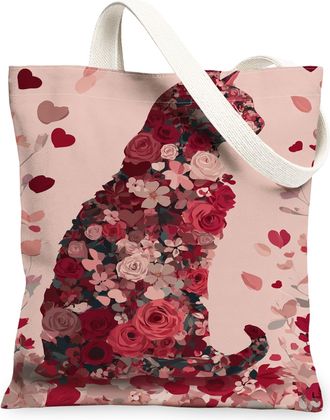 Generic Floral Cat Canvas Tote Bag, Romantic Animal Design Reusable Shopping Bags, Vintage Lightweight Washable Shoulder Strap Canv, Peach, 13x15 Inch