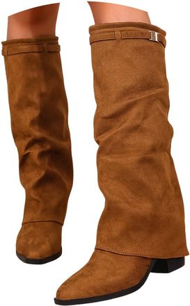 Generic Flat Boots for Women Uk,Slouch Boots,Slouchy Mid Calf Boot Women Slip on Mid Calf Boot Suede Casual Booties with Side Zipper Pull on Flat Shoes Faux L