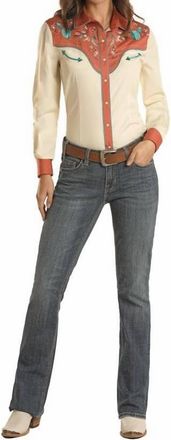 Panhandle Pearl Snap Long Sleeve Top In Cream/salmon