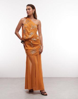 Asos Vestito lungo allacciato al collo arancione con decorazioni floreali