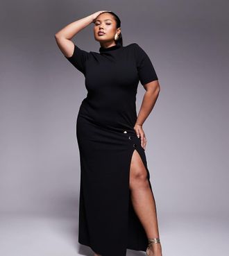 Asos Curve ASOS DESIGN Curve high neck maxi pencil dress with short sleeves and large gold button detail slit in black