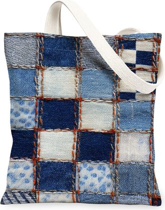 Generic Denim Patchwork Canvas Tote Bags, Stylish Blue Checkered Design Reusable Shopping Bags, Casual Lightweight Washable Shoulde, Blue, 13x15 Inch