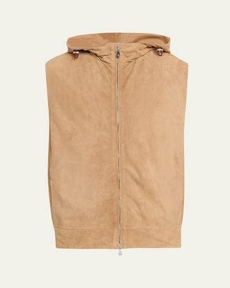 Brunello Cucinelli Mens Hooded Full-Zip Leather Vest