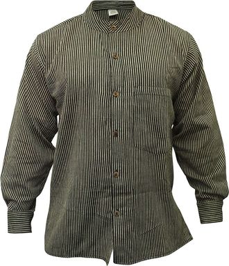 Shopoholic Fashion Stripe Grandad Shirt for Men, Handloomed Cotton Long Sleeve Band Collar Hippie Clothes, Black, 3XL