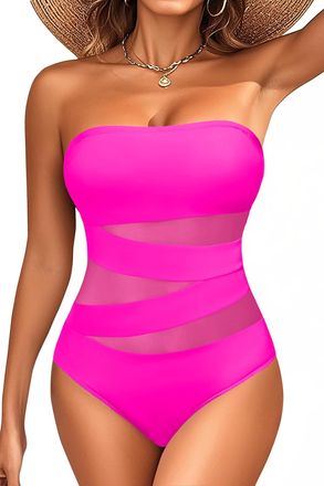 Holipick Women Strapless Bandeau One Piece Swimsuits Sexy Mesh Cutout Bathing Suits Tummy Control Swimwear, Hot Pink 1, 18 Plus