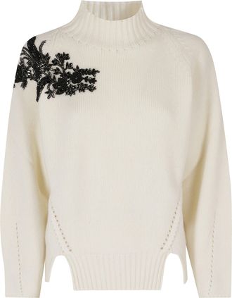 Ermanno Scervino Cream Jewel Embellished High Neck Wool Sweater