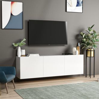 Dmora Mueble Para Tv Osidda, 3 Puertas, 3 Compartimentos, Apertura Abatible, 150x31x44h Cm Blanco
