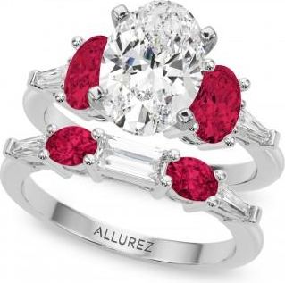Allurez Oval Lab Grown Diamond & Ruby Bridal Set in Platinum (5.09ct)