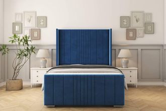 Sloomy Hargrave Plush Bed Frame With 50 Upholstered Wingback Headboard in Navy | Size: Single