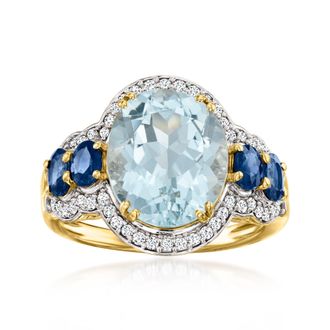 Ross-Simons Aquamarine and Sapphire Ring With. Diamonds in 14kt Yellow Gold