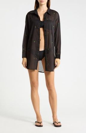 Boho Me Palm Tree Embroidered Cotton Shirt Cover-Up in Black at Nordstrom Rack, Size X-Large
