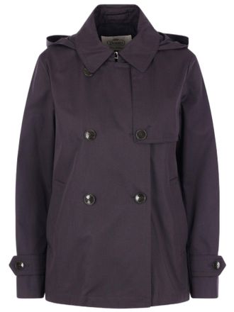 Herno Short Blue Trench Coat With Removable Hood And Double-Breasted Closure
