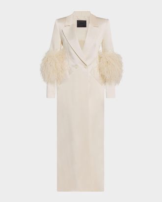 Sally Lapointe Feather-Trim Satin Double Breasted Long Coat