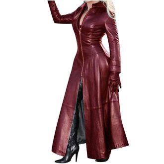 Generic RLEHJN Trench Coats for Women Long Warm Leather Jacket Zip Up Solid Color Longline Windbreaker Full Length Faux Leather Overcoat Stand Collar Slim Fit