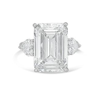 Diana M. Jewels Platinum Lab grown 20ct Emerald diamond ring with heart diamonds on the side and micropave band