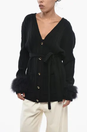 Valentino Maxi Cardigan in Lana Vergine con Piume sulle Maniche Valentino
