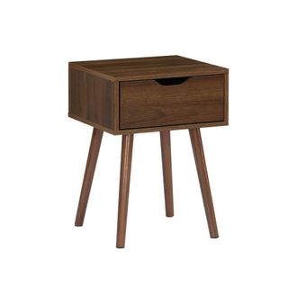 Sweeek Mesita de noche de madera te&ntilde;ida de nogal, 1 caj&oacute;n, madera de nogal