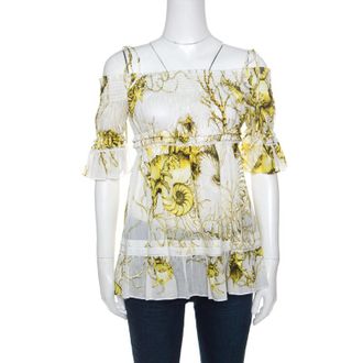 Roberto Cavalli White And Yellow Floral Printed Cotton Off Shoulder Blouse