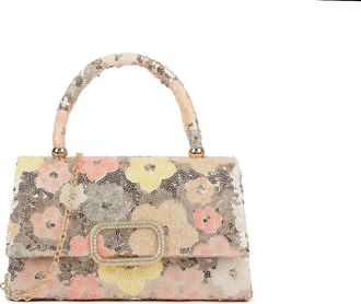 Girly HandBags Womens Floral Beaded Top Handle Bag - Sequin Handbag with Chain Strap for Weddings, Parties, and Formal Events Medium Rose Gold