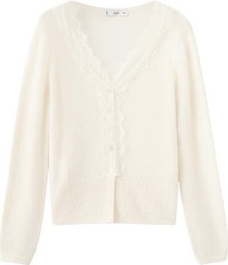 Mango Lace Trim V-Neck Cardigan in Ecru at Nordstrom, Size X-Small