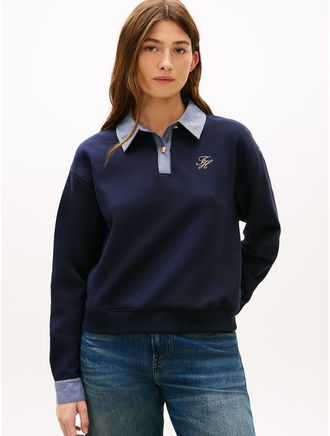 Tommy Hilfiger Womens Mix Media Brushed-Back Polo Sweatshirt - Navy - XXL