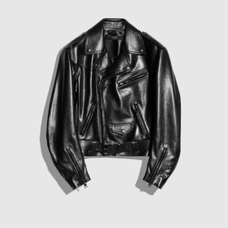 Gucci Shiny Calf Leather Biker Jacket, Size 46 IT, Black