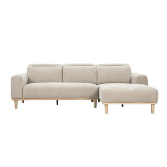 Miliboo Sof&aacute; De Esquina Derecho De 3 Plazas Con Cabeceros Ajustables En Tela De Terciopelo Texturizado Beige Y Madera Clara Horacio
