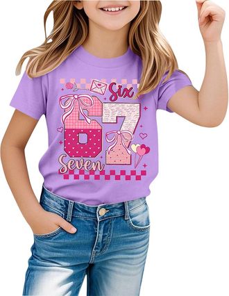 Generic Graphic T-Shirts for Girls UK 67 Six Seven Meme Cute Number Print Cotton Top Short Sleeve Crewneck Funny Tee for School Party Festive Stocking Filler 