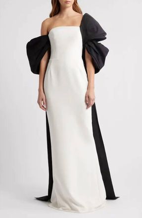 Marchesa Crepe Column Draped Sleeve Gown In Ivory/black
