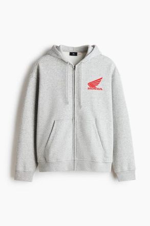 H&M Loose Fit Printed Zip-through Hoodie in Light Gray Melange/honda at Nordstrom, Size Xx-Large