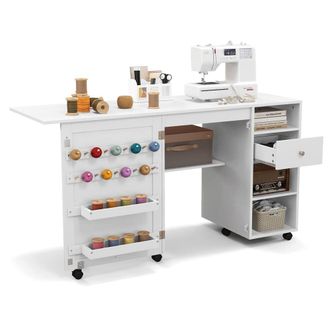 Costway Costway Folding Sewing Table Adjustable Rolling Sewing Craft Desk w/Trays&Pegs in White