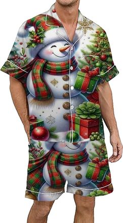 Generic Mens Christmas Printed Silk Satin Pajama Set Short Sleeve Button Up Wear Comfortable Holiday Nightwear for Festive Season (Green, XL)