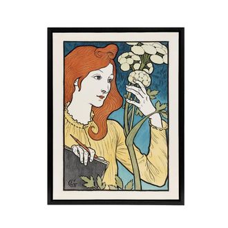 Artery8 Salon des Cent Woman With Flower Grasset Framed Canvas Wall Art Print | Size: W24 x H32