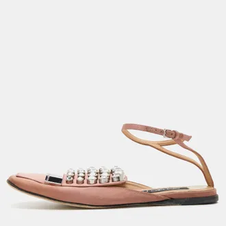 Sergio Rossi Old Rose Satin Crystal Embellished Ankle Strap Flats