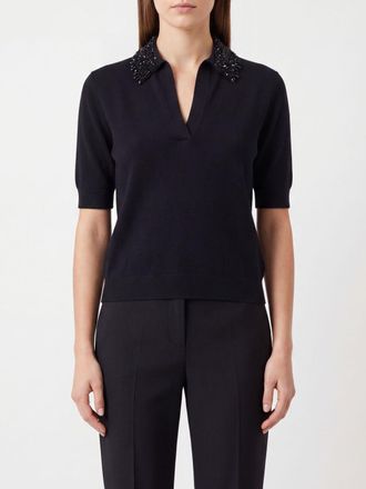 Semicouture Jewelled-Collar Knit Polo in Wool and Cashmere Blend