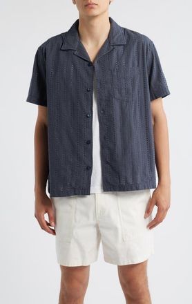 Treasure & Bond Embroidered Eyelet Cotton Camp Shirt in Navy India Ink at Nordstrom, Size Xxx-Large