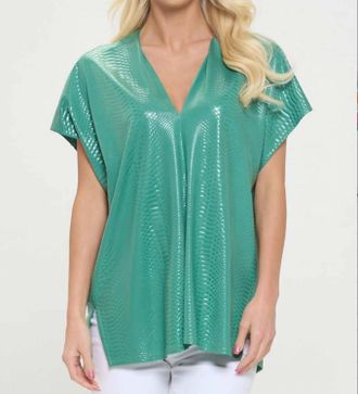 Adrienne Mamba Print V Neck Top In Willow Green