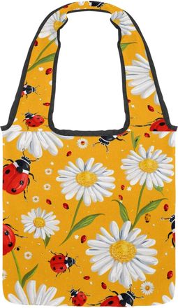 Generic Ladybugs White Daisies Reversible Canvas Shoulder Tote - Double-Sided Print, 12oz Cotton, 27cm Drop, Fold-Flat Bag for Travel, Shopping, Street Outing