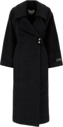 Ganni Single-Breasted Coats, female, Gray, S/M, Double-Face Wool Lace-Up Coat